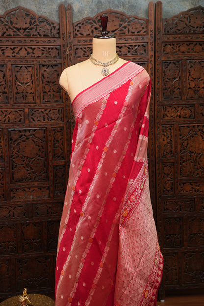 Mellow Tissue & Banarasi Fusion Saree with Meenakari Detailing – Rani Pink