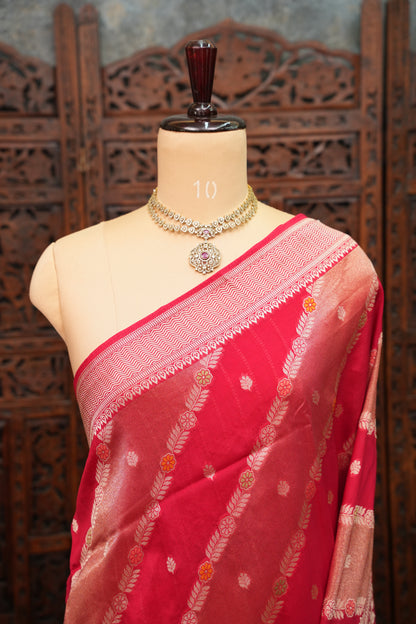 Mellow Tissue & Banarasi Fusion Saree with Meenakari Detailing – Rani Pink