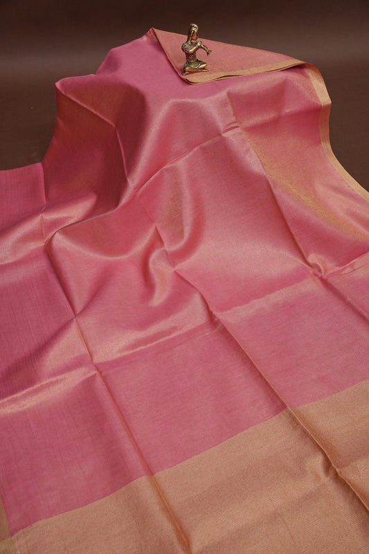Tissue Linen Silk Saree – Blush Pink with Subtle Gold Zari Border