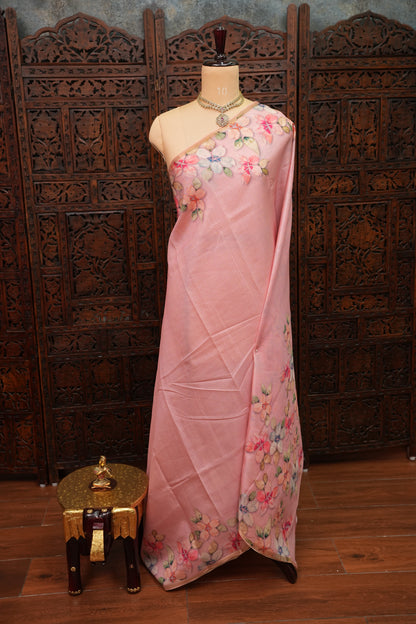 Kota Checks Saree with Floral Digital Print – Baby Pink
