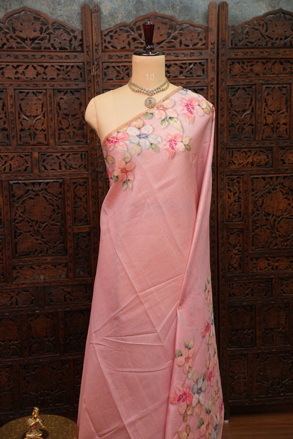 Kota Checks Saree with Floral Digital Print – Baby Pink
