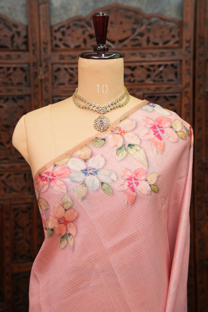 Kota Checks Saree with Floral Digital Print – Baby Pink