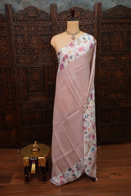 Kota Checks Saree with Floral Digital Print – Blush Pink