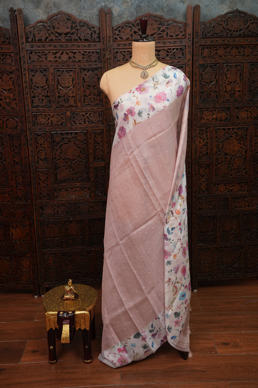 Kota Checks Saree with Floral Digital Print – Blush Pink
