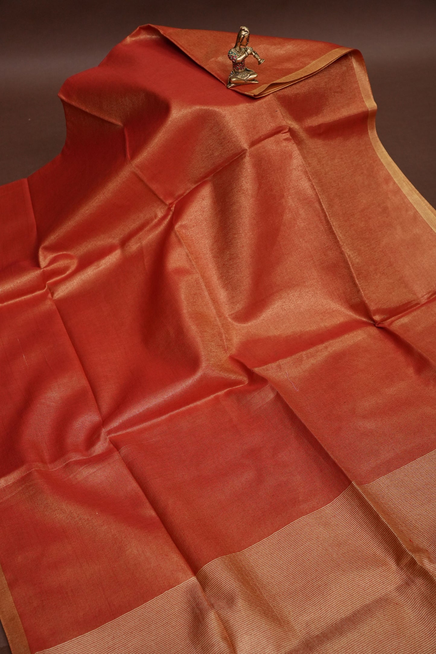 Tissue Linen Silk Saree – Rustic Brick Red with Classic Gold Border