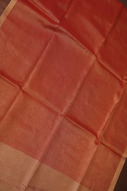 Tissue Linen Silk Saree – Rustic Brick Red with Classic Gold Border