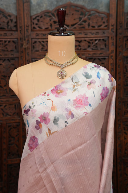Kota Checks Saree with Floral Digital Print – Blush Pink
