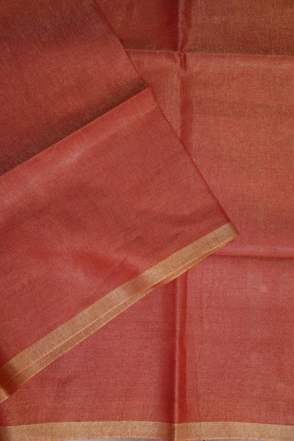 Tissue Linen Silk Saree – Rustic Brick Red with Classic Gold Border