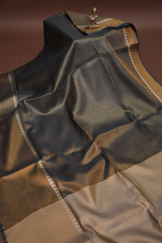 Tissue Linen Silk Saree – Antique Gold & Charcoal Grey with Temple Border