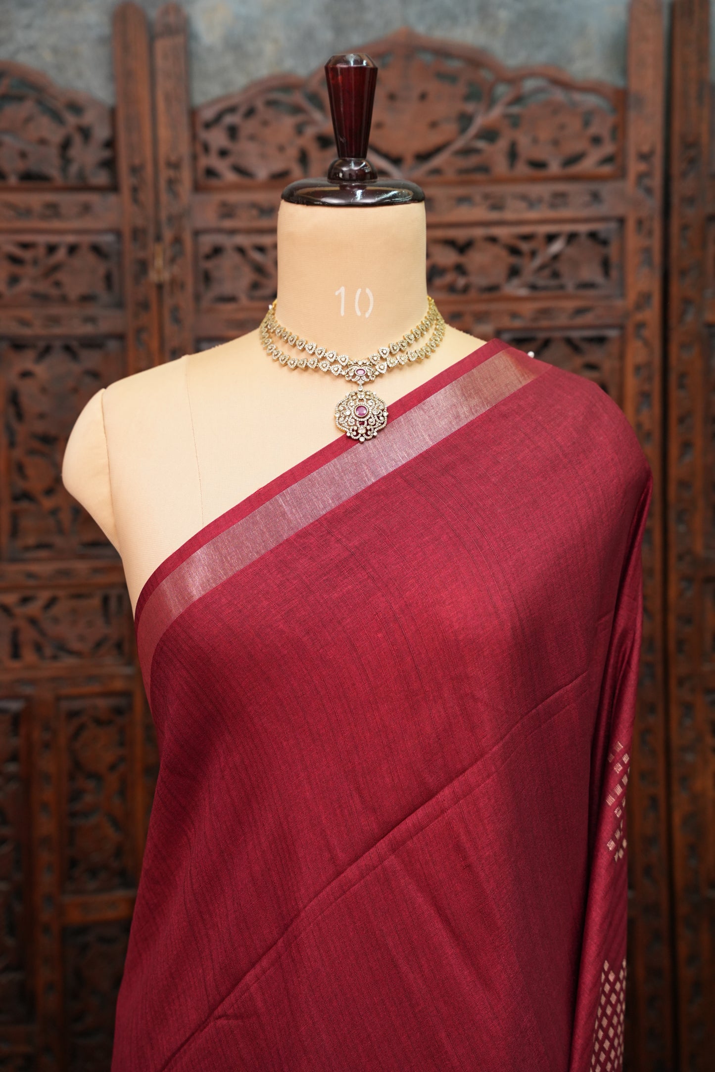 Linen Tussar Silk Saree – Deep Red