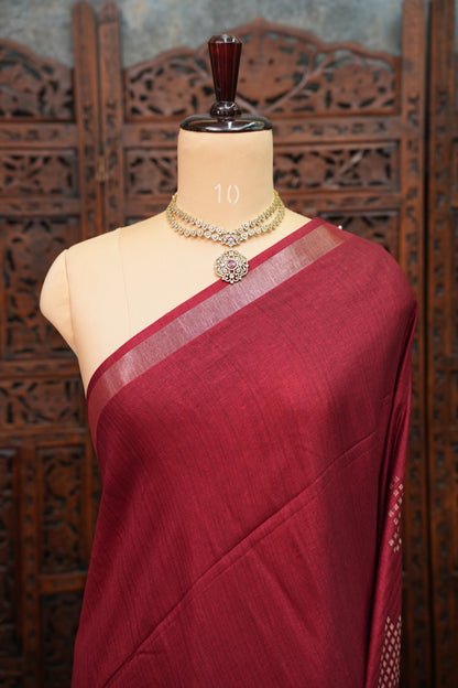Linen Tussar Silk Saree – Deep Red