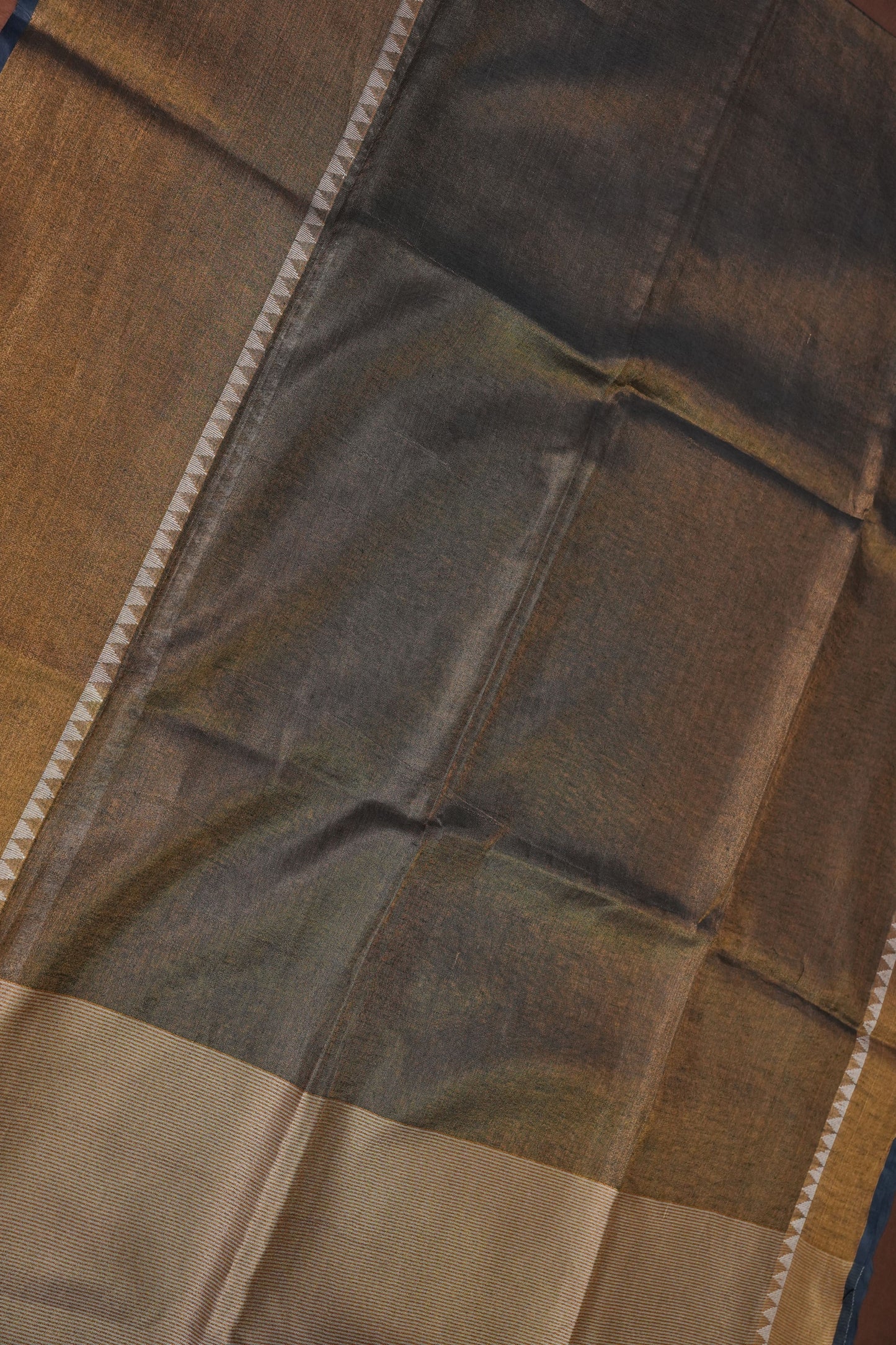 Tissue Linen Silk Saree – Antique Gold & Charcoal Grey with Temple Border