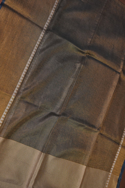 Tissue Linen Silk Saree – Antique Gold & Charcoal Grey with Temple Border