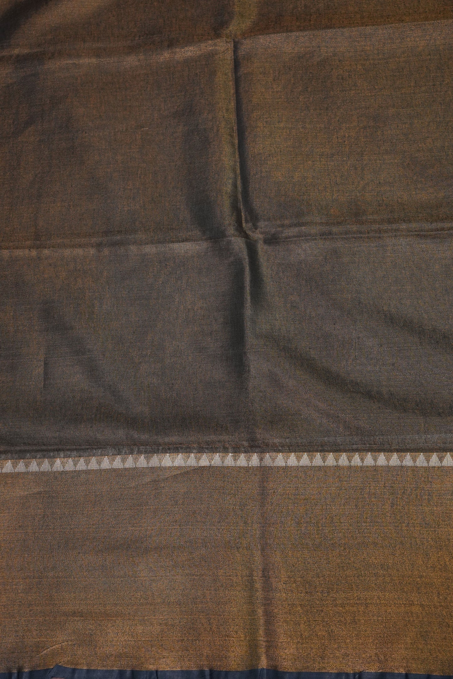 Tissue Linen Silk Saree – Antique Gold & Charcoal Grey with Temple Border