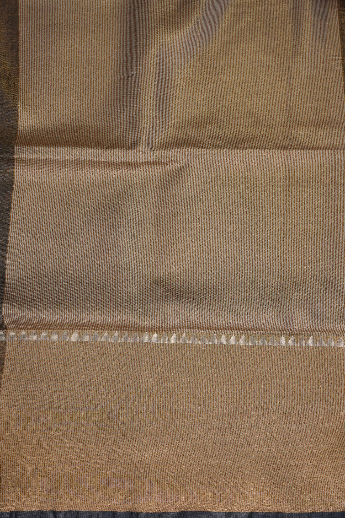 Tissue Linen Silk Saree – Antique Gold & Charcoal Grey with Temple Border