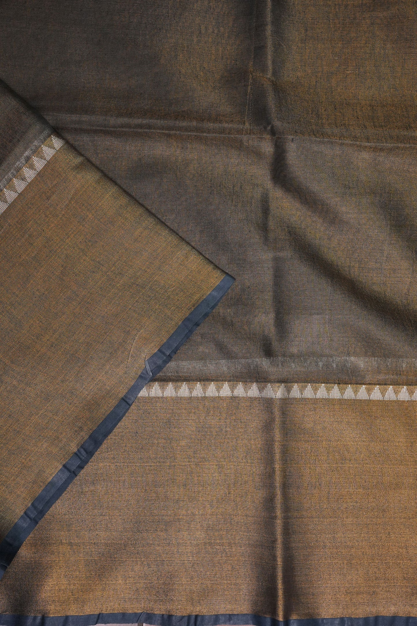 Tissue Linen Silk Saree – Antique Gold & Charcoal Grey with Temple Border