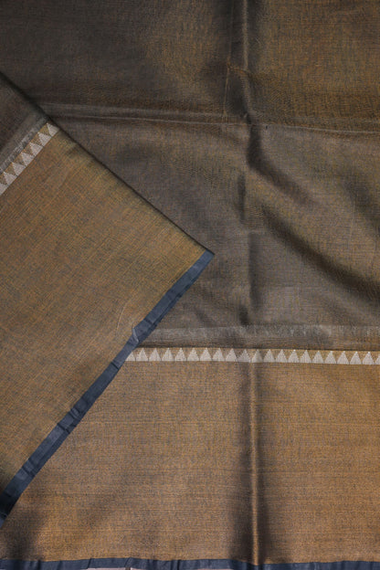Tissue Linen Silk Saree – Antique Gold & Charcoal Grey with Temple Border