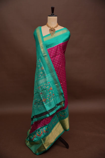 Pure Ikkat Soft Silk Saree - Pink & Turquoise Green