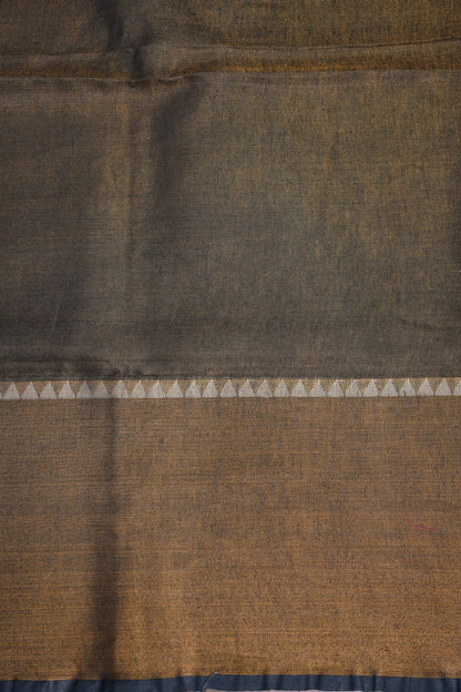 Tissue Linen Silk Saree – Antique Gold & Charcoal Grey with Temple Border