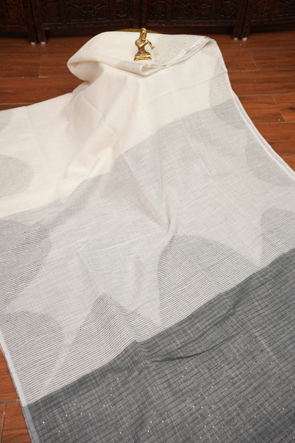 Linen Saree with Needle Embroidery – Ivory White & Charcoal Grey