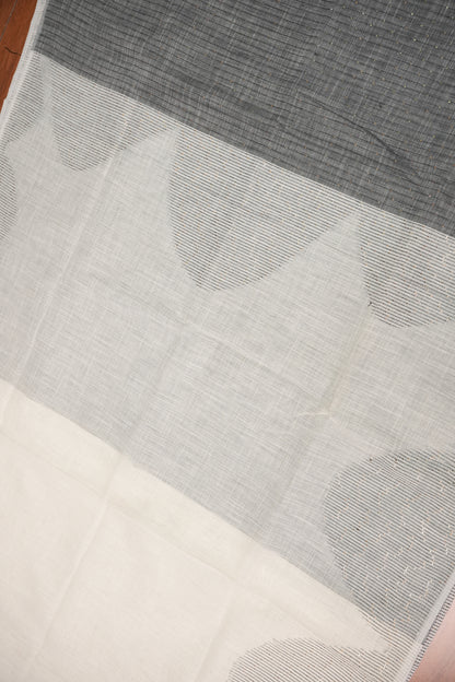 Linen Saree with Needle Embroidery – Ivory White & Charcoal Grey