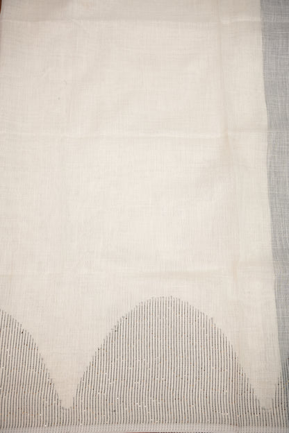 Linen Saree with Needle Embroidery – Ivory White & Charcoal Grey