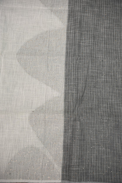 Linen Saree with Needle Embroidery – Ivory White & Charcoal Grey