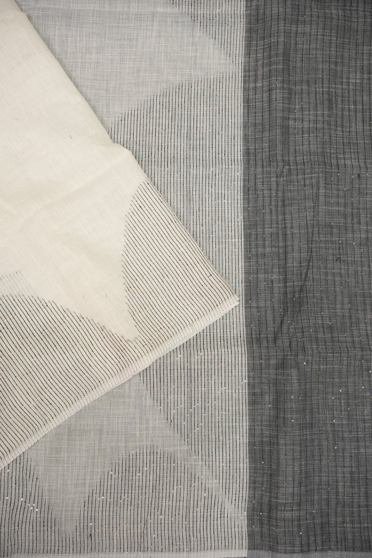 Linen Saree with Needle Embroidery – Ivory White & Charcoal Grey