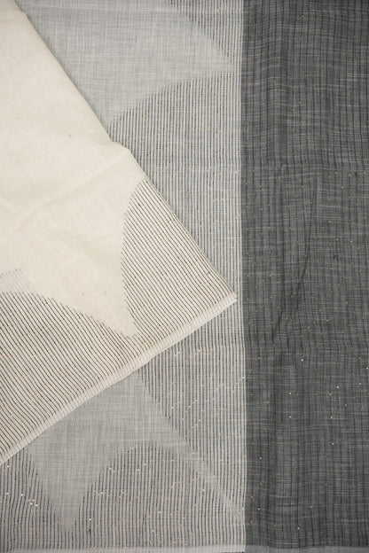 Linen Saree with Needle Embroidery – Ivory White & Charcoal Grey