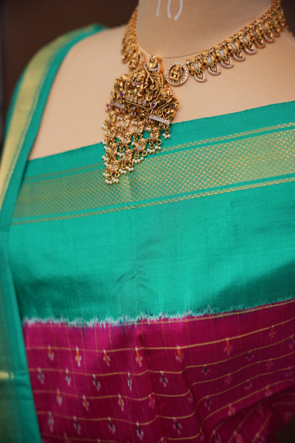 Pure Ikkat Soft Silk Saree - Pink & Turquoise Green