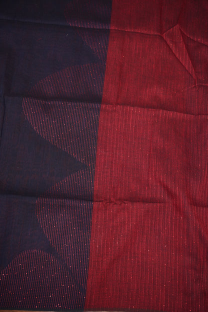 Linen Saree with Needle Embroidery – Navy Blue & Crimson Red