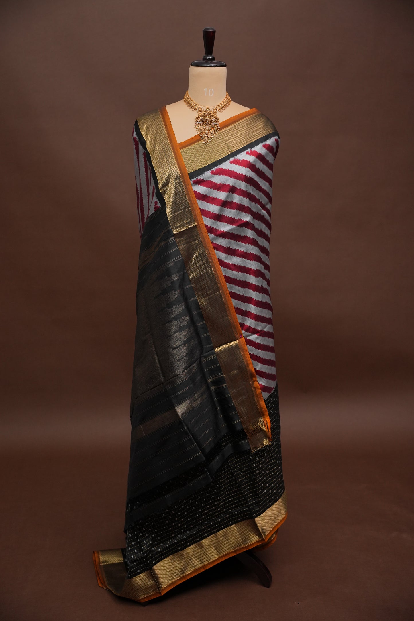 Pure Ikkat Soft Silk Saree - Silver Grey, Red & Black