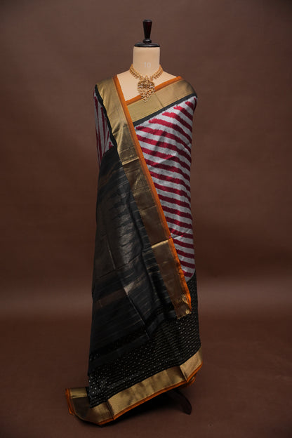 Pure Ikkat Soft Silk Saree - Silver Grey, Red & Black
