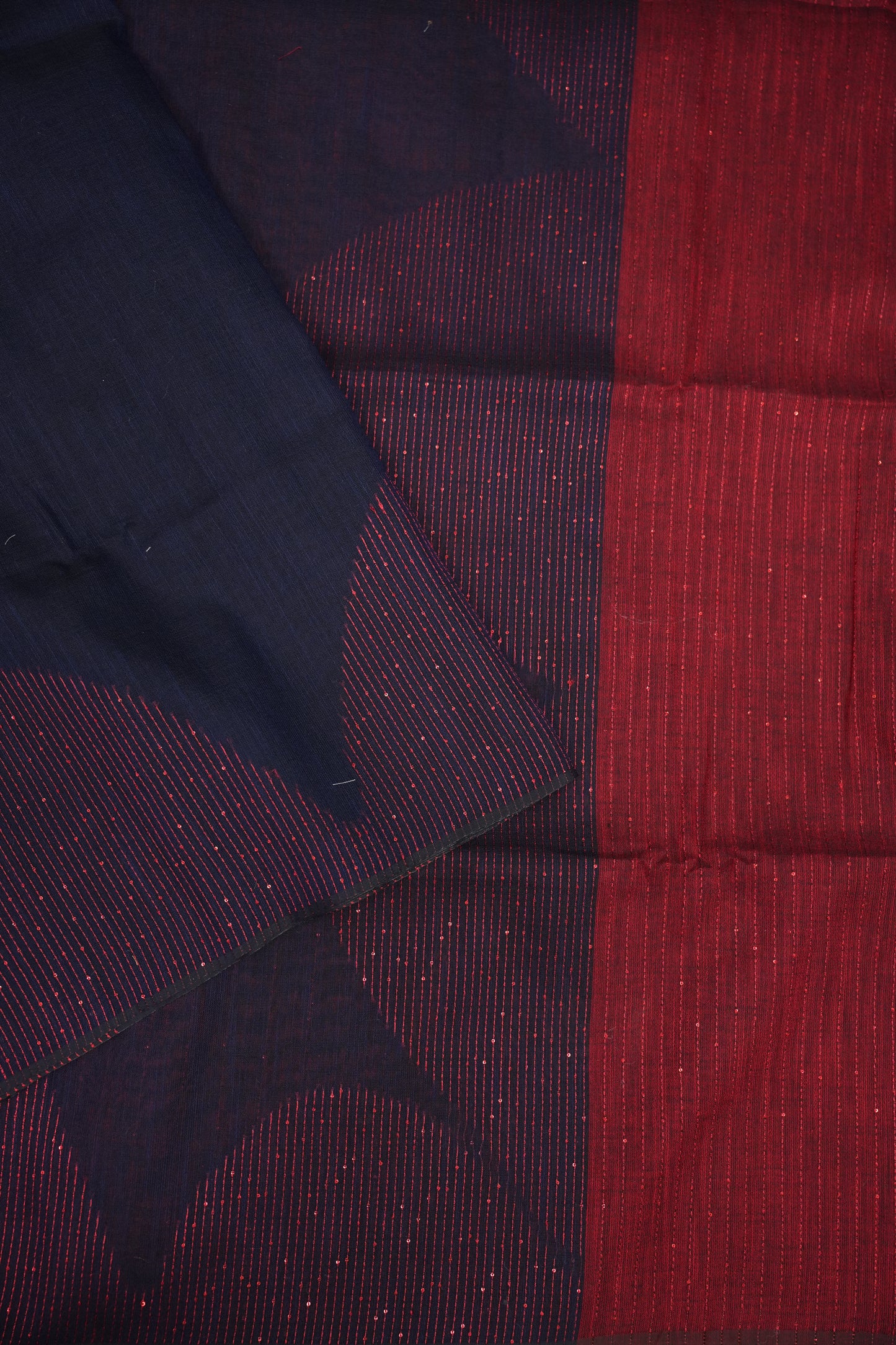 Linen Saree with Needle Embroidery – Navy Blue & Crimson Red