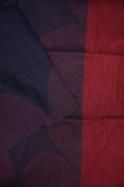 Linen Saree with Needle Embroidery – Navy Blue & Crimson Red
