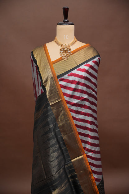 Pure Ikkat Soft Silk Saree - Silver Grey, Red & Black
