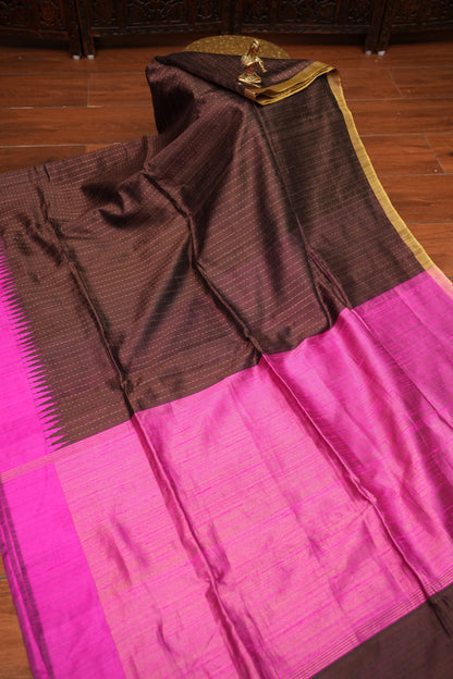Pure Raw Silk Saree – Coffee Brown & Hot Pink