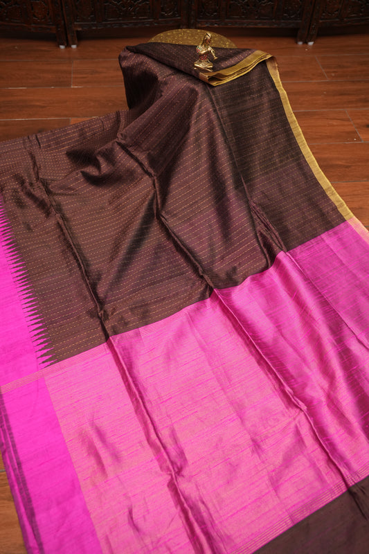 Pure Raw Silk Saree – Coffee Brown & Hot Pink