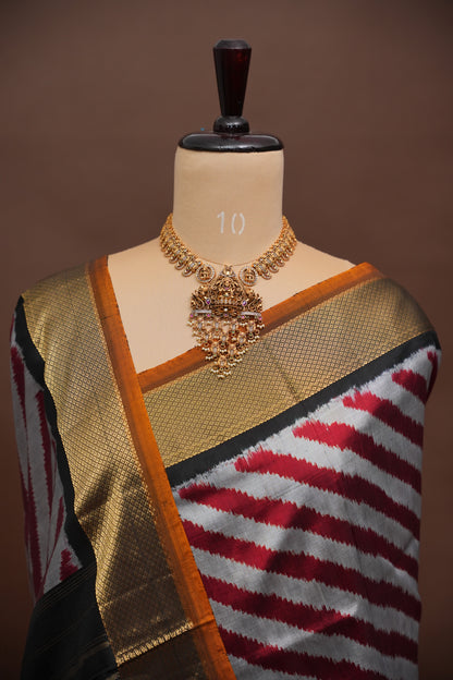 Pure Ikkat Soft Silk Saree - Silver Grey, Red & Black