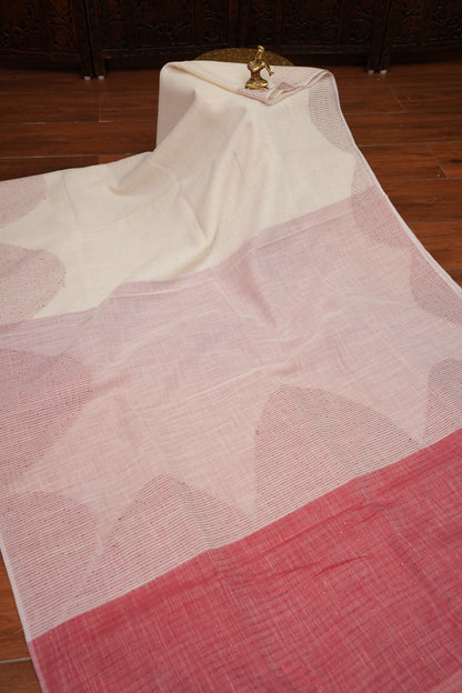 Linen Saree with Needle Embroidery – Off White & Rose Pink