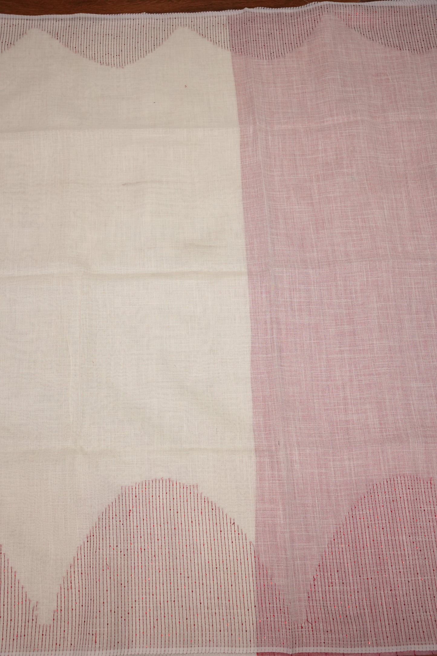 Linen Saree with Needle Embroidery – Off White & Rose Pink