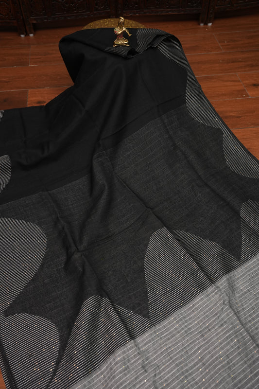 Linen Saree with Needle Embroidery – Classic Black