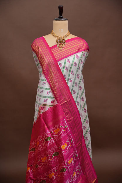 Pure Ikkat Soft Silk Saree - Pink & White
