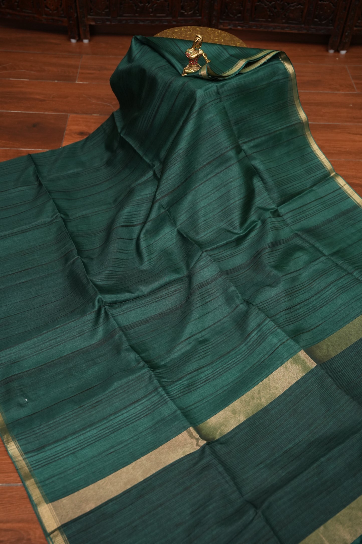 Soft Tussar Raw Silk Saree with Striped Matching Blouse – Emerald Green