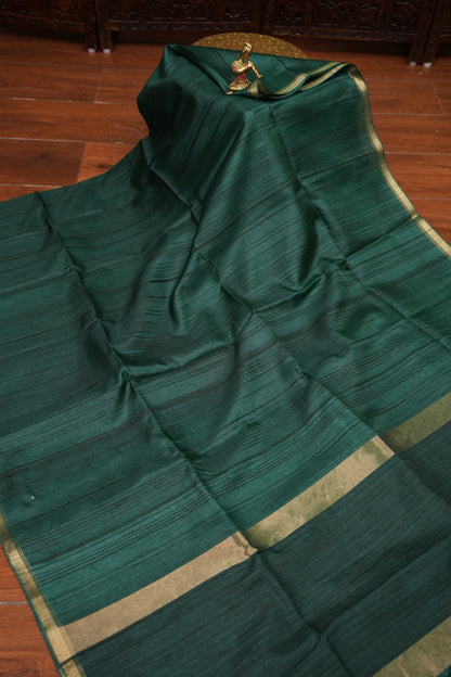 Soft Tussar Raw Silk Saree with Striped Matching Blouse – Emerald Green