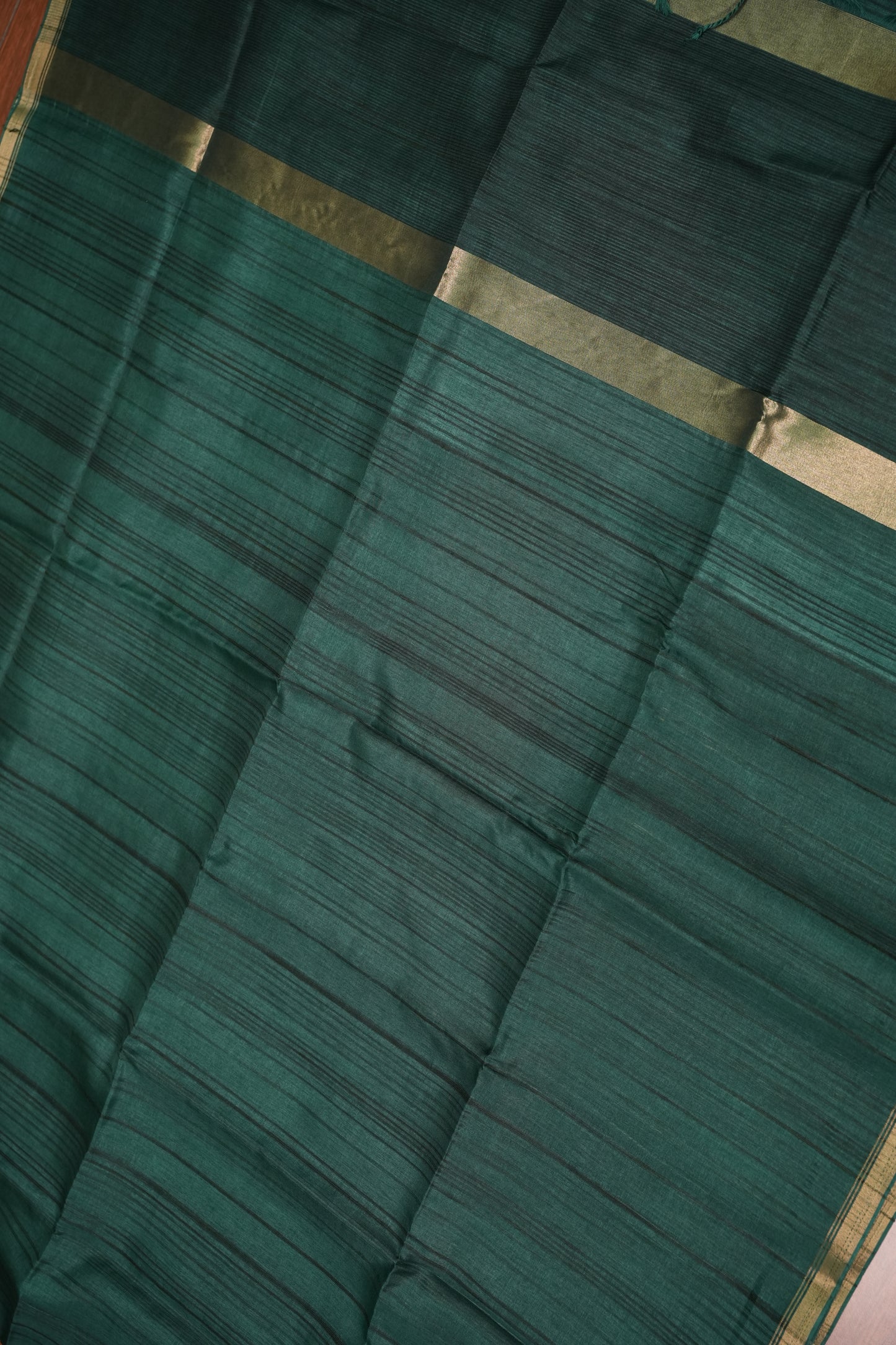 Soft Tussar Raw Silk Saree with Striped Matching Blouse – Emerald Green