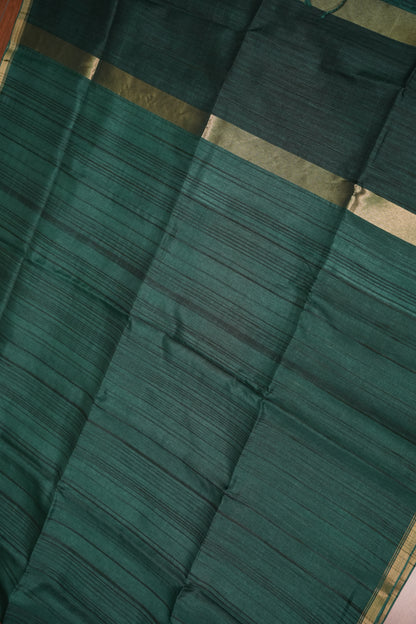Soft Tussar Raw Silk Saree with Striped Matching Blouse – Emerald Green