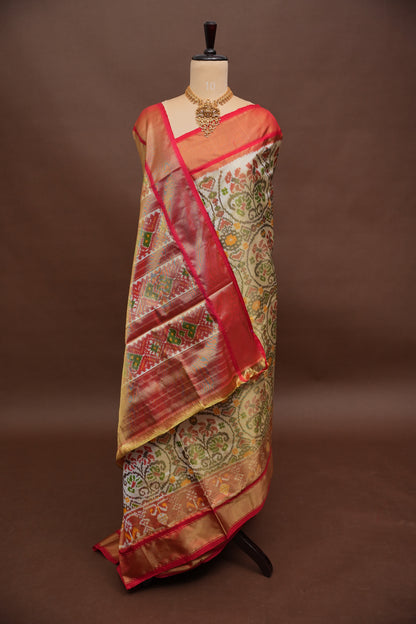 Pure Ikkat Soft Silk Saree - Ivory & Red