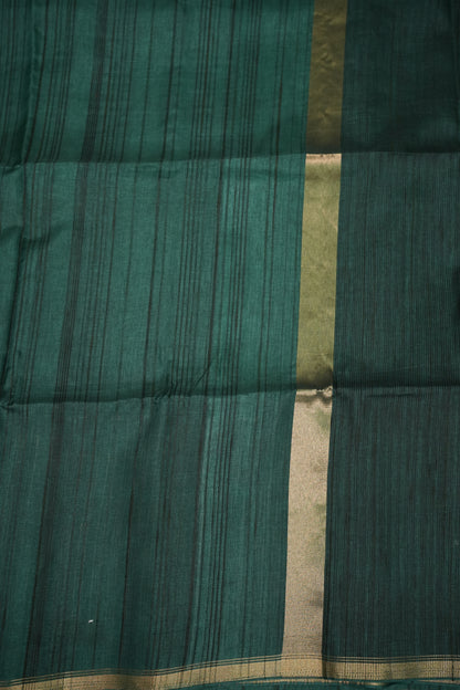 Soft Tussar Raw Silk Saree with Striped Matching Blouse – Emerald Green