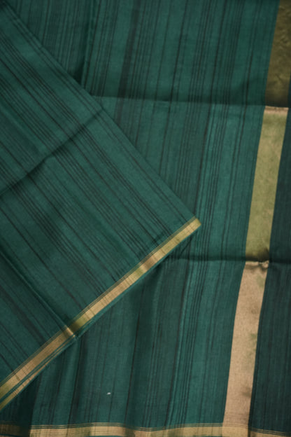 Soft Tussar Raw Silk Saree with Striped Matching Blouse – Emerald Green